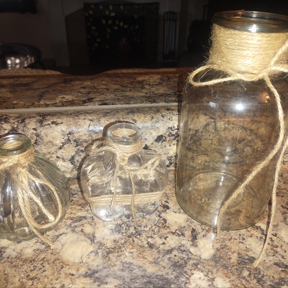 Rustic Boho Sheek Glass Vase Set with Twine Accents. Three Varieties All New - Picture 7 of 10